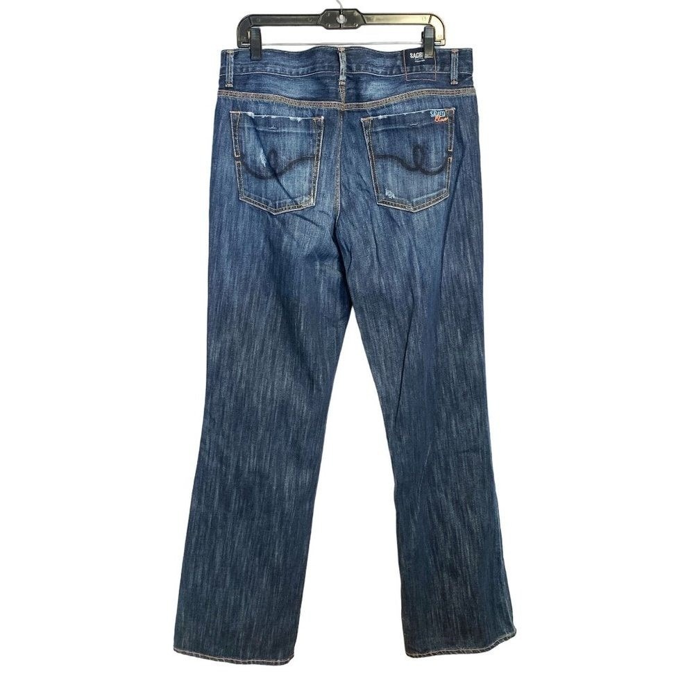 Sacred Blue Men's‎ Button Fly Distressed Straight Leg Denim Jeans Sz 36 Grunge - Picture 2 of 7